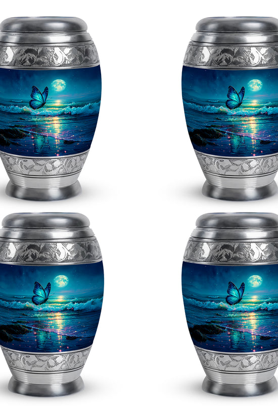 Slate Blue Butterfly Cremation Urn urn with complimentary velvet bag - regal butterfly design with crown-inspired accents - 10 inch aluminum urn for cremated remains