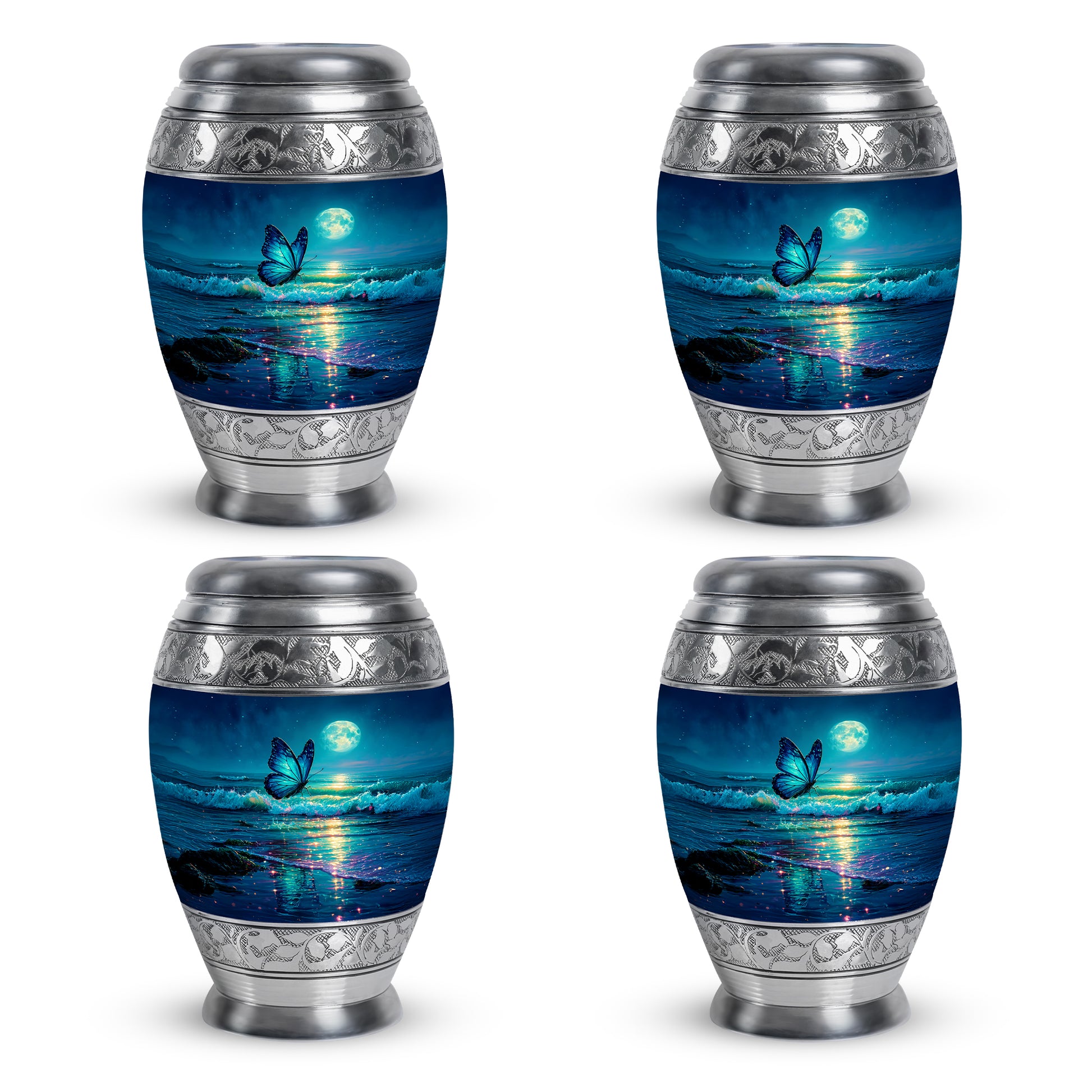 Slate Blue Butterfly Cremation Urn urn with complimentary velvet bag - regal butterfly design with crown-inspired accents - 10 inch aluminum urn for cremated remains