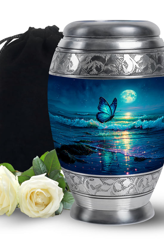 Cornflower Blue Butterfly Cremation Urn back view with polished surface - royal butterfly engraving with decorative scrollwork - full-size 10 inch 200 cubic inch adult cremation urn