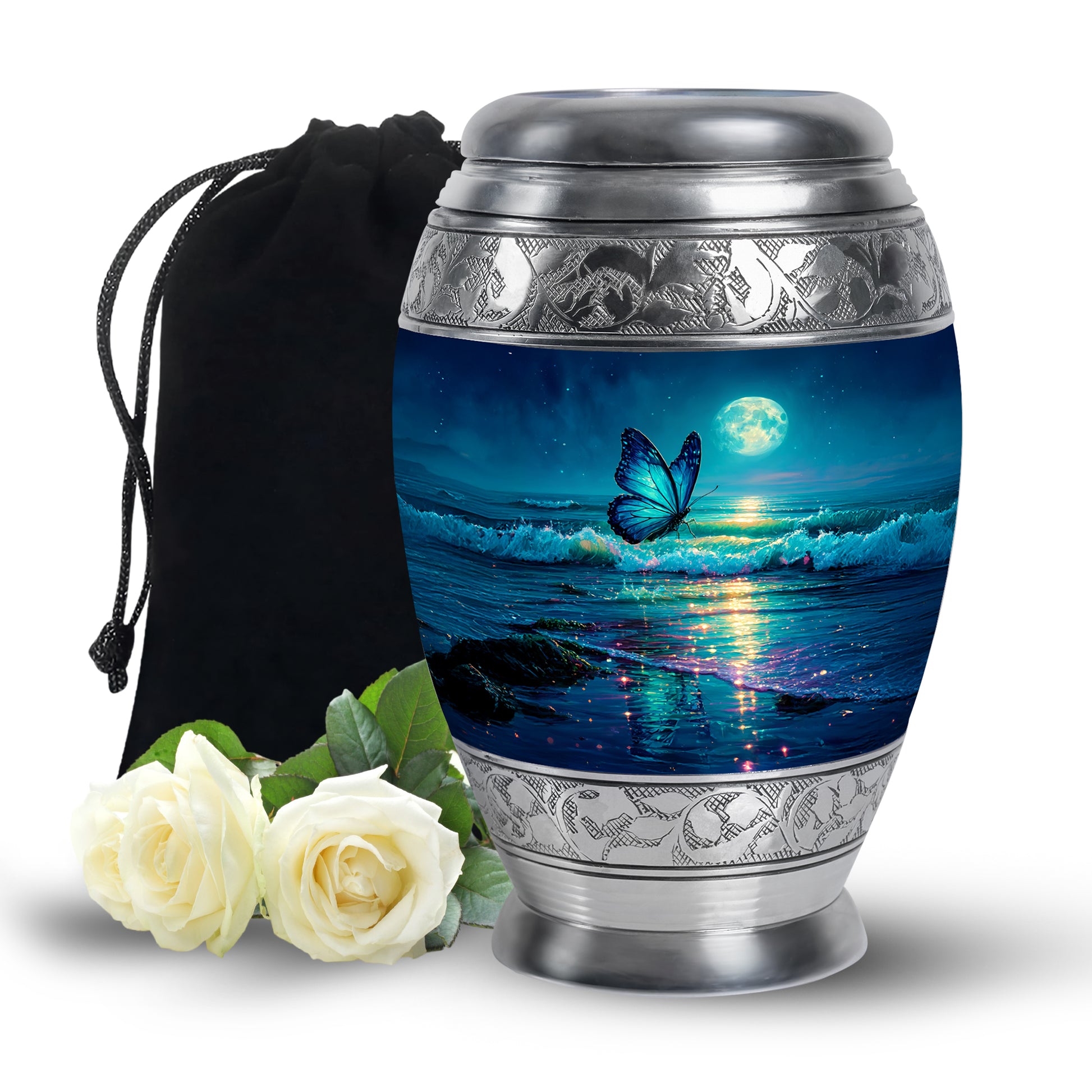 Cornflower Blue Butterfly Cremation Urn back view with polished surface - royal butterfly engraving with decorative scrollwork - full-size 10 inch 200 cubic inch adult cremation urn