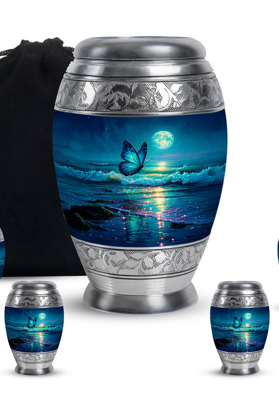 Twilight Blue Butterfly Cremation Urn detail view - majestic butterfly pattern with filigree border - memorial set with one large and four small urns