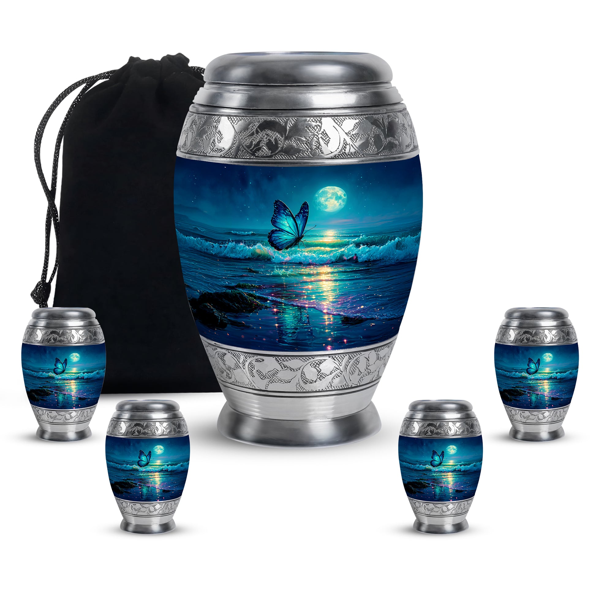 Twilight Blue Butterfly Cremation Urn detail view - majestic butterfly pattern with filigree border - memorial set with one large and four small urns