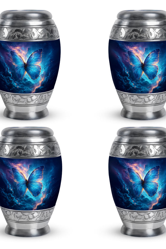 Celestial Blue Butterfly Cremation Urn urn with complimentary velvet bag - ornate monarch-style butterfly relief on brushed aluminum - 10 inch aluminum urn for cremated remains