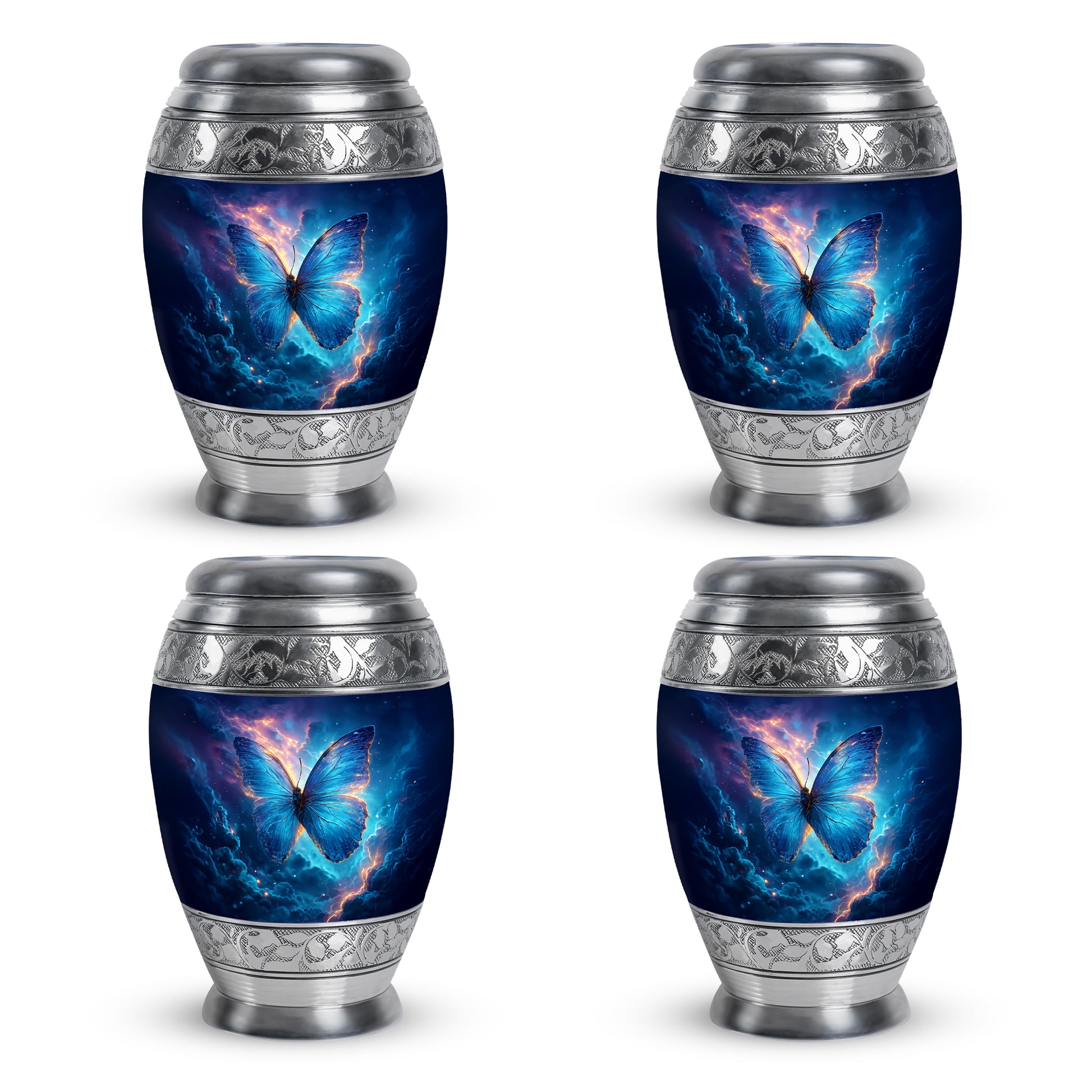 Celestial Blue Butterfly Cremation Urn urn with complimentary velvet bag - ornate monarch-style butterfly relief on brushed aluminum - 10 inch aluminum urn for cremated remains