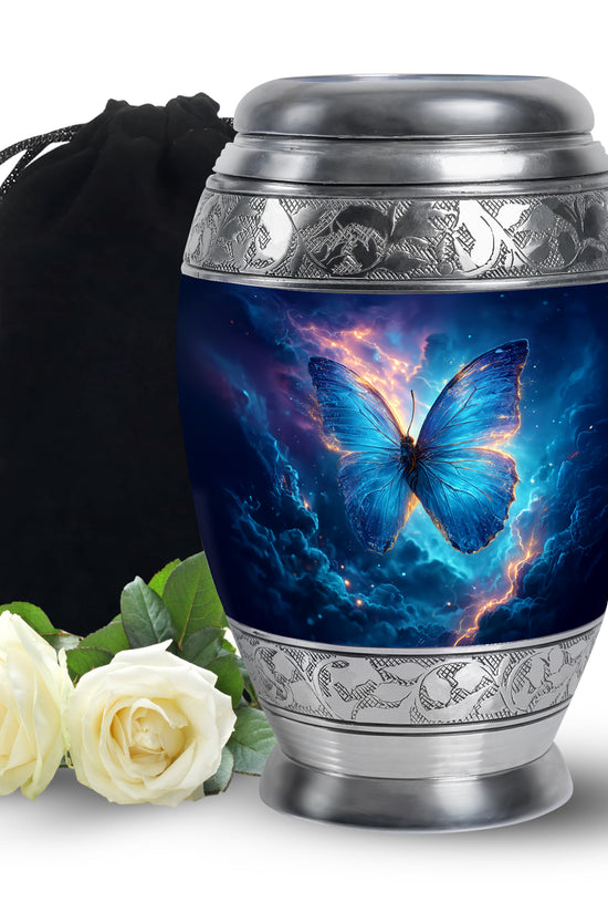 Azure Butterfly Cremation Urn back view with polished surface - ornate monarch-style butterfly relief on brushed aluminum - full-size 10 inch 200 cubic inch adult cremation urn