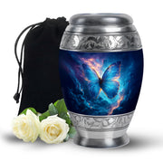 Azure Butterfly Cremation Urn back view with polished surface - ornate monarch-style butterfly relief on brushed aluminum - full-size 10 inch 200 cubic inch adult cremation urn