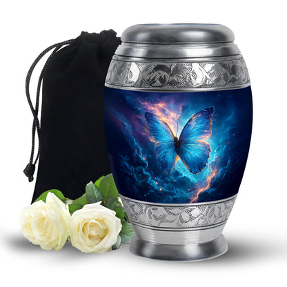 Azure Butterfly Cremation Urn back view with polished surface - ornate monarch-style butterfly relief on brushed aluminum - full-size 10 inch 200 cubic inch adult cremation urn
