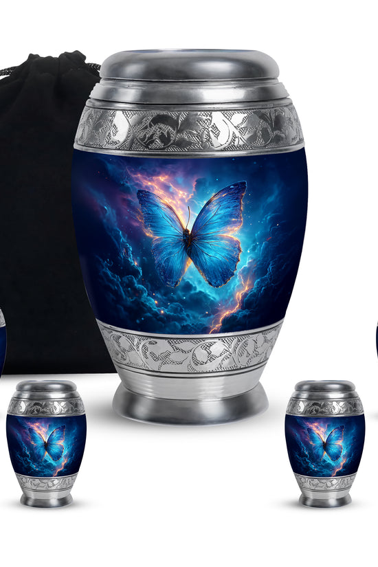 Sky Blue Butterfly Cremation Urn detail view - regal butterfly design with crown-inspired accents - memorial set with one large and four small urns