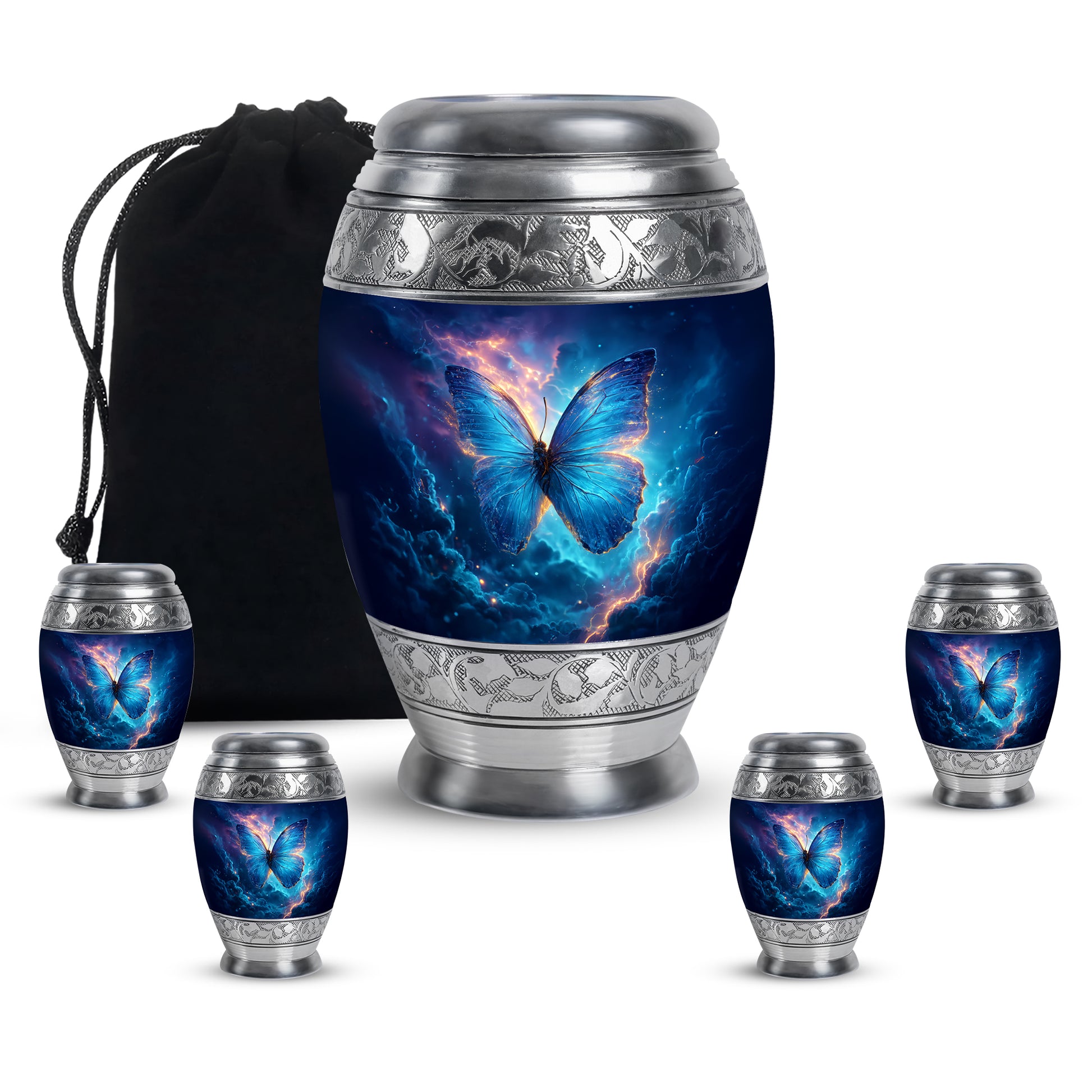 Sky Blue Butterfly Cremation Urn detail view - regal butterfly design with crown-inspired accents - memorial set with one large and four small urns
