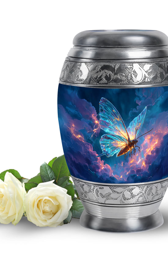 Luminous Blue Butterfly Memorial Urn for Human Ashes - 10-inch, 200 cu in - Yatskia
