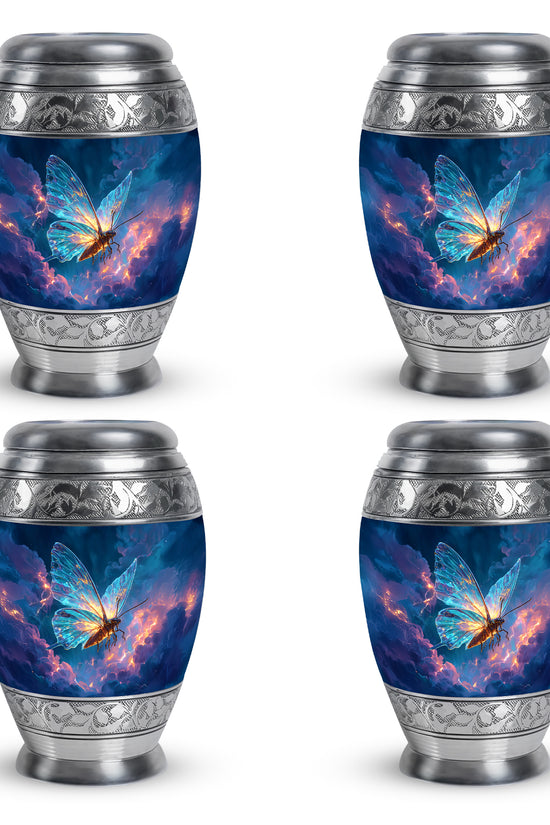 Serene Blue Butterfly Cremation Urn urn with complimentary velvet bag - majestic butterfly pattern with filigree border - 10 inch aluminum urn for cremated remains