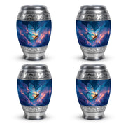 Serene Blue Butterfly Cremation Urn urn with complimentary velvet bag - majestic butterfly pattern with filigree border - 10 inch aluminum urn for cremated remains