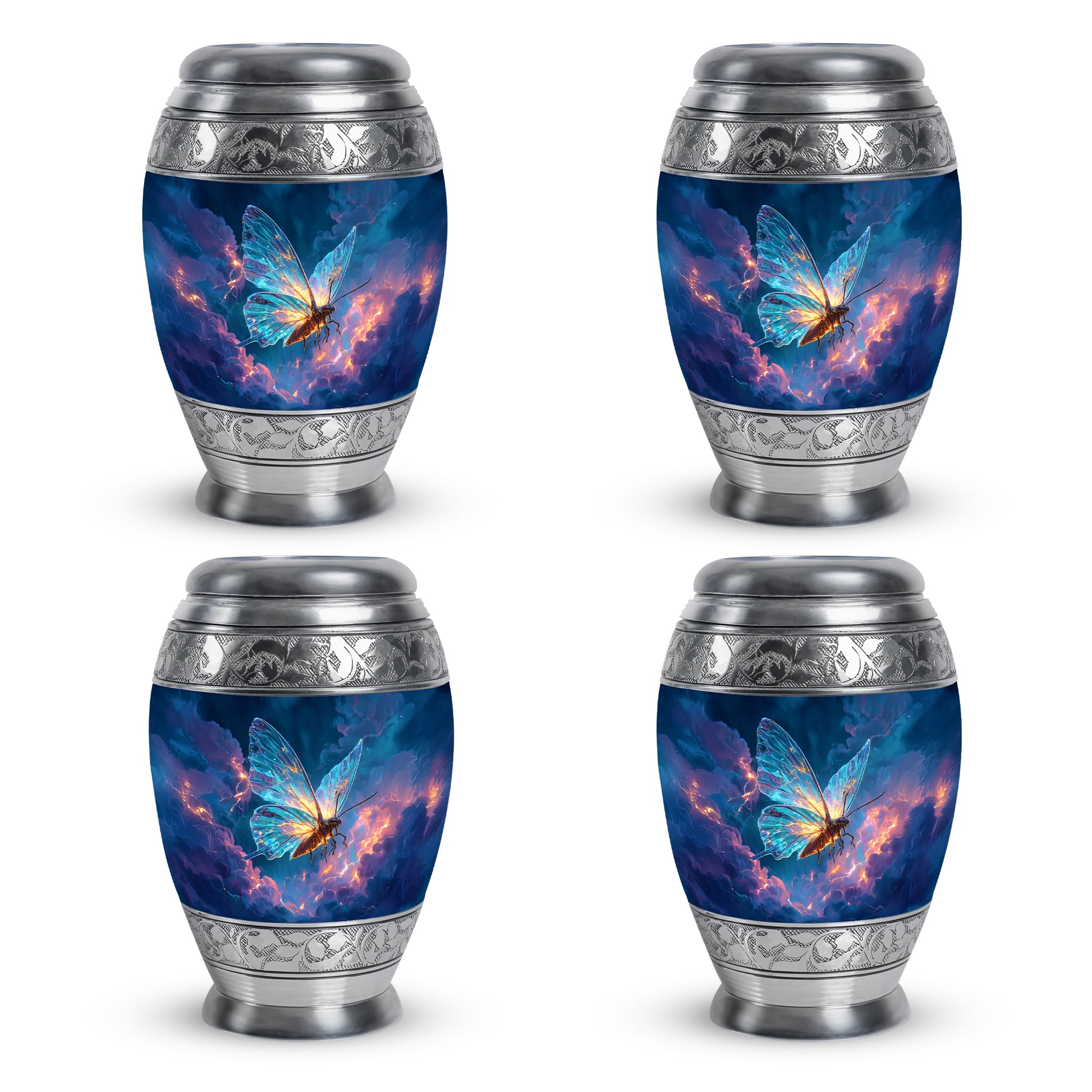 Serene Blue Butterfly Cremation Urn urn with complimentary velvet bag - majestic butterfly pattern with filigree border - 10 inch aluminum urn for cremated remains