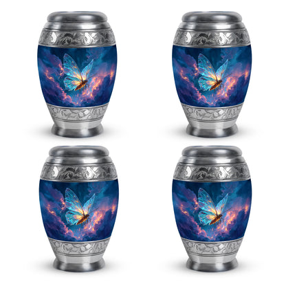 Serene Blue Butterfly Cremation Urn urn with complimentary velvet bag - majestic butterfly pattern with filigree border - 10 inch aluminum urn for cremated remains