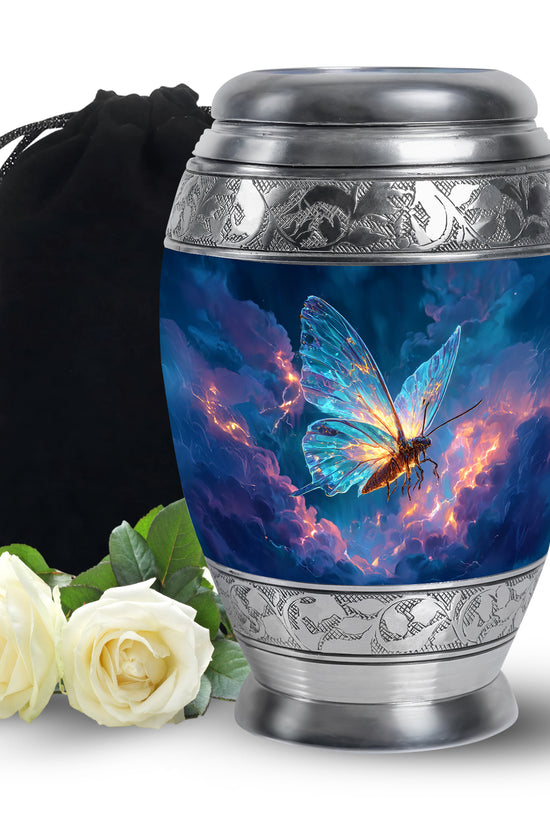 Twilight Blue Butterfly Cremation Urn back view with polished surface - majestic butterfly pattern with filigree border - full-size 10 inch 200 cubic inch adult cremation urn
