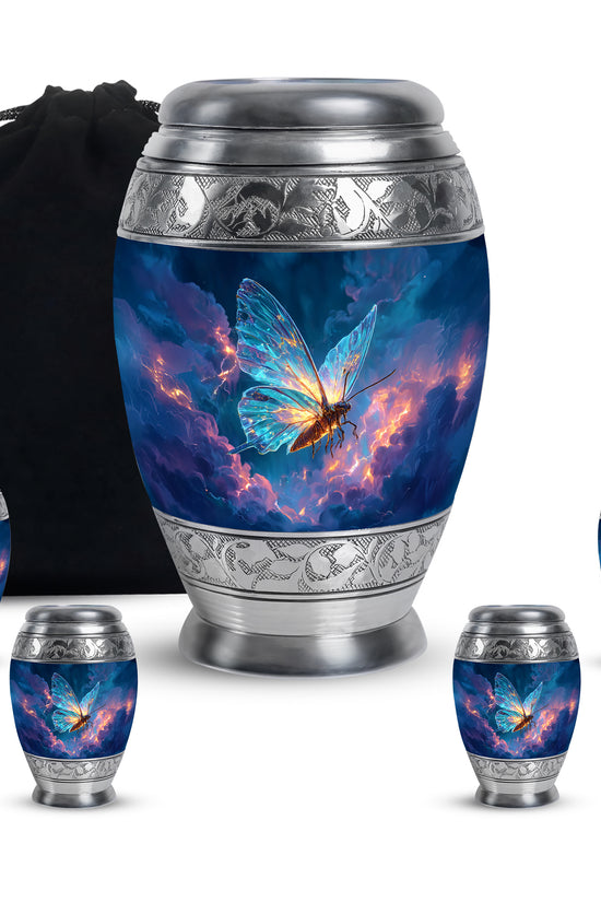 Celestial Blue Butterfly Cremation Urn detail view - ornate monarch-style butterfly relief on brushed aluminum - memorial set with one large and four small urns