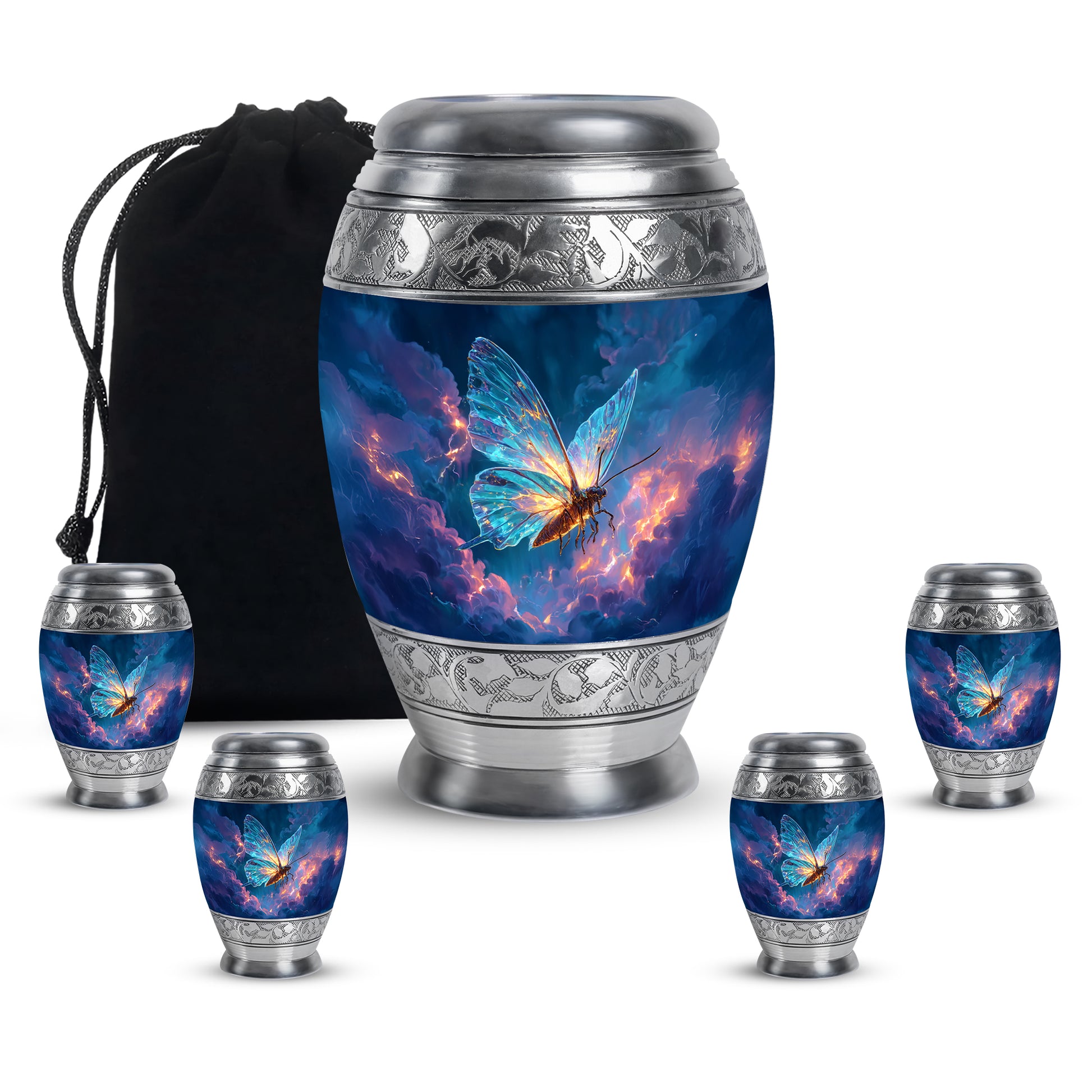 Celestial Blue Butterfly Cremation Urn detail view - ornate monarch-style butterfly relief on brushed aluminum - memorial set with one large and four small urns
