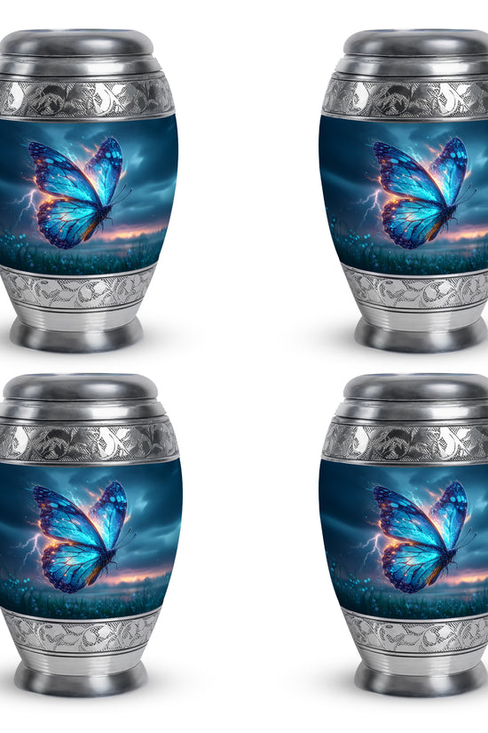 Icy Blue Butterfly Cremation Urn urn with complimentary velvet bag - regal butterfly design with crown-inspired accents - 10 inch aluminum urn for cremated remains