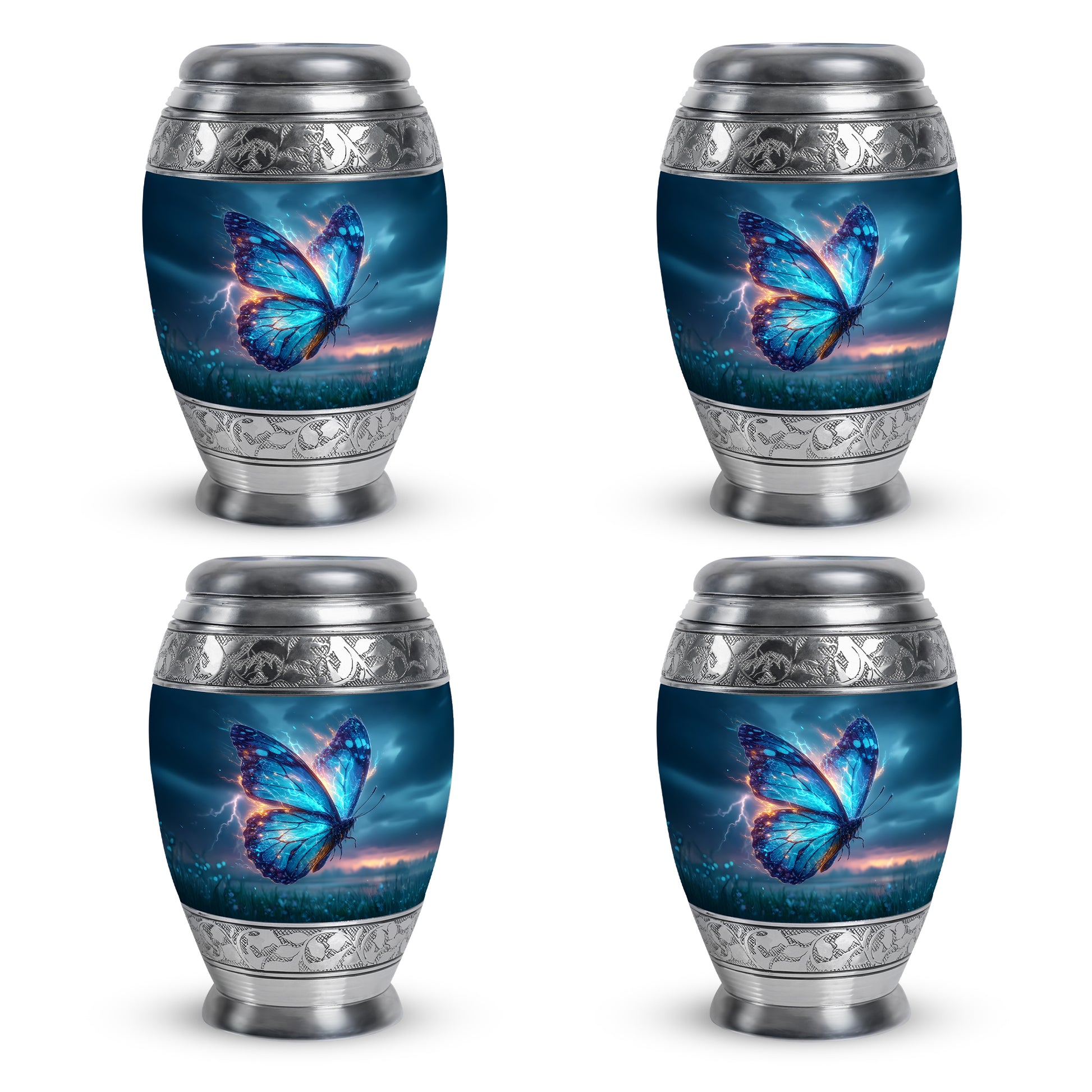 Icy Blue Butterfly Cremation Urn urn with complimentary velvet bag - regal butterfly design with crown-inspired accents - 10 inch aluminum urn for cremated remains