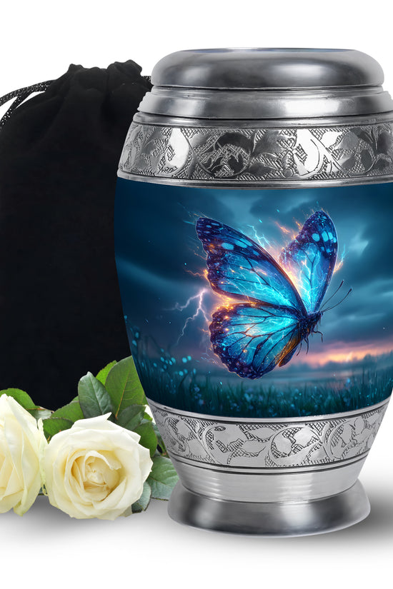 Dusty Blue Butterfly Cremation Urn back view with polished surface - regal butterfly design with crown-inspired accents - full-size 10 inch 200 cubic inch adult cremation urn