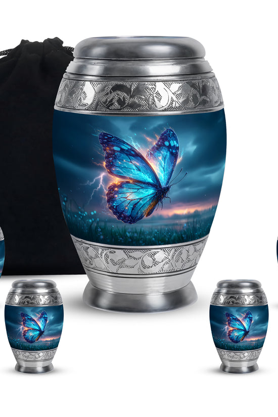 Calming Blue Butterfly Cremation Urn detail view - majestic butterfly pattern with filigree border - memorial set with one large and four small urns
