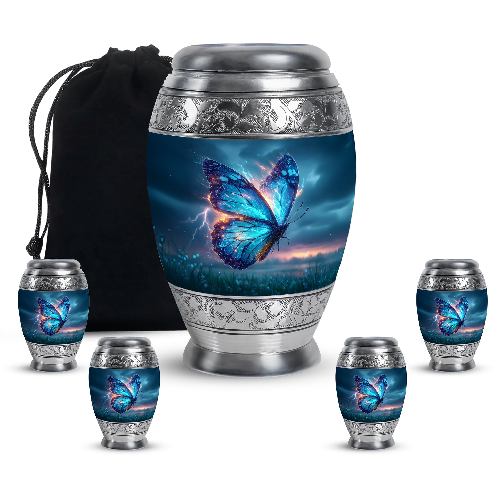 Calming Blue Butterfly Cremation Urn detail view - majestic butterfly pattern with filigree border - memorial set with one large and four small urns