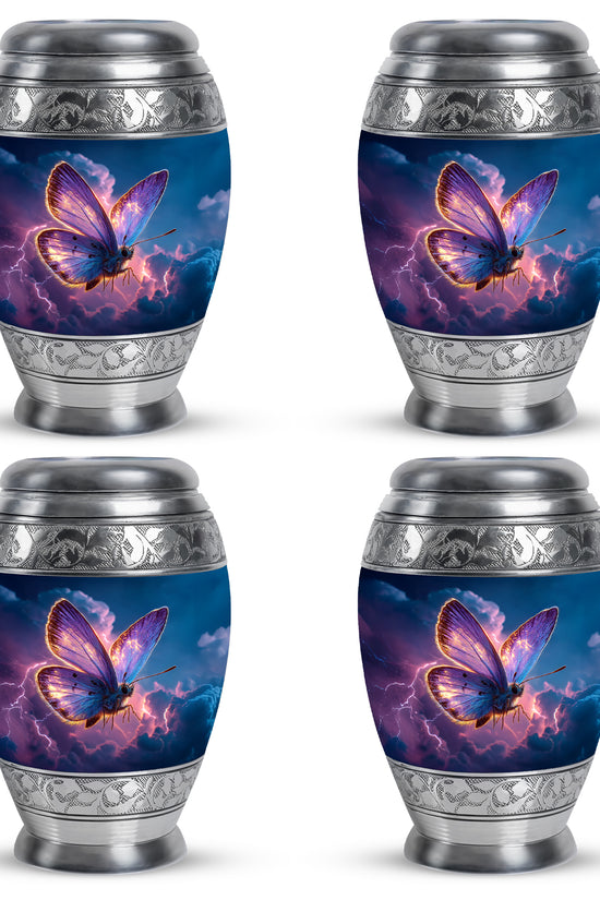 Sky Blue Butterfly Cremation Urn urn with complimentary velvet bag - ornate monarch-style butterfly relief on brushed aluminum - 10 inch aluminum urn for cremated remains