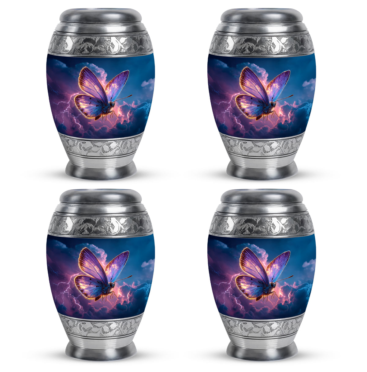 Sky Blue Butterfly Cremation Urn urn with complimentary velvet bag - ornate monarch-style butterfly relief on brushed aluminum - 10 inch aluminum urn for cremated remains