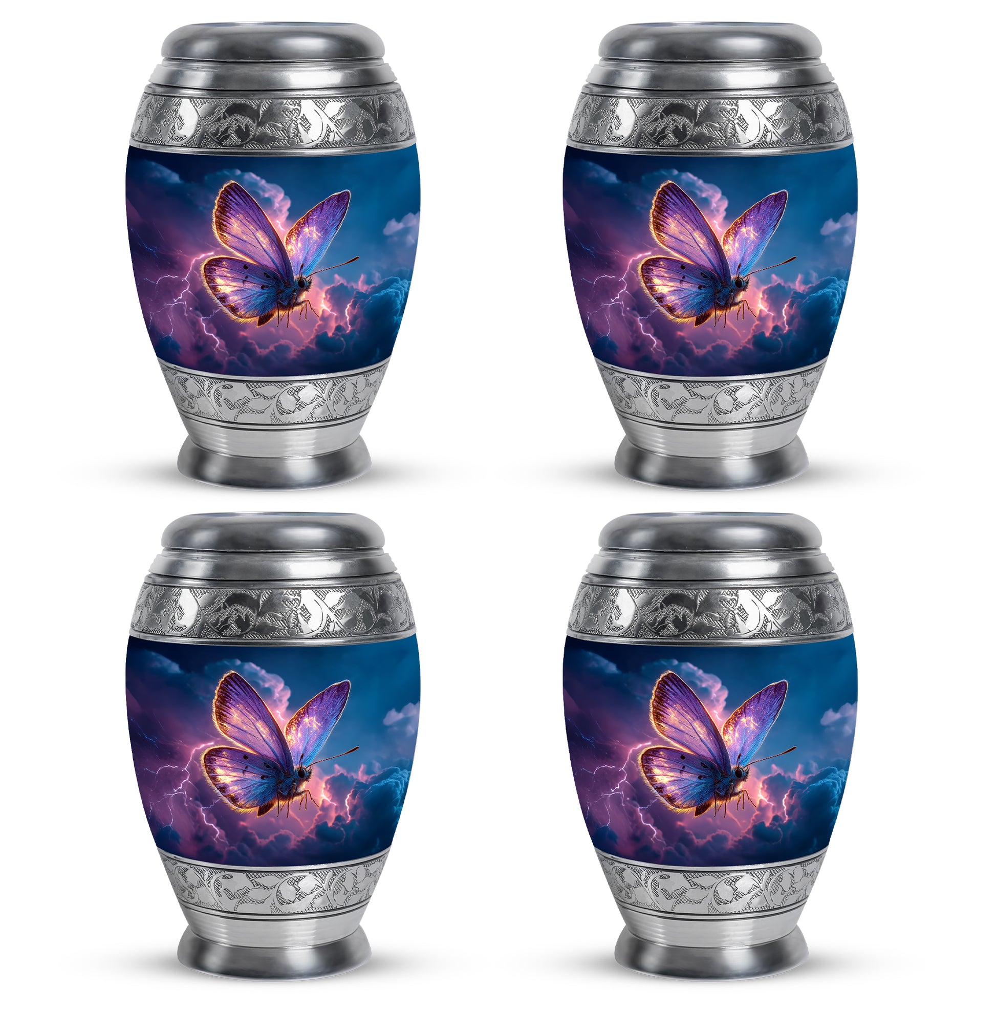 Sky Blue Butterfly Cremation Urn urn with complimentary velvet bag - ornate monarch-style butterfly relief on brushed aluminum - 10 inch aluminum urn for cremated remains