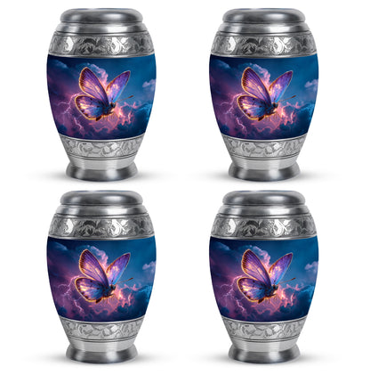 Sky Blue Butterfly Cremation Urn urn with complimentary velvet bag - ornate monarch-style butterfly relief on brushed aluminum - 10 inch aluminum urn for cremated remains