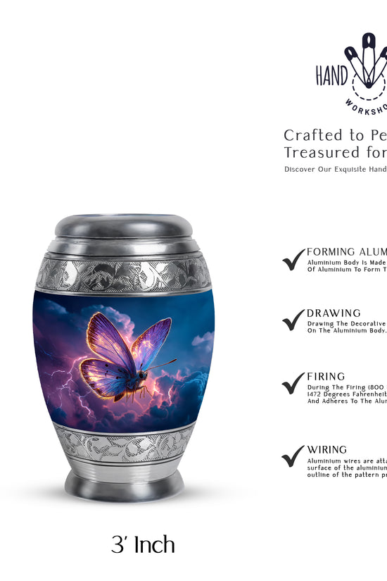 Misty Blue Butterfly Cremation Urn lifestyle display on memorial shelf - regal butterfly design with crown-inspired accents - mini keepsake memorial for portion of cremation ashes