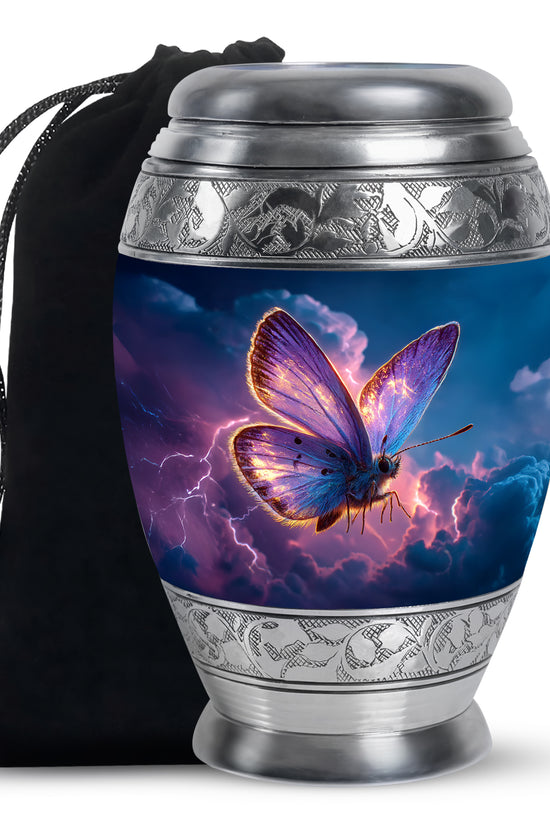 Indigo Butterfly Cremation Urn back view with polished surface - regal butterfly design with crown-inspired accents - full-size 10 inch 200 cubic inch adult cremation urn