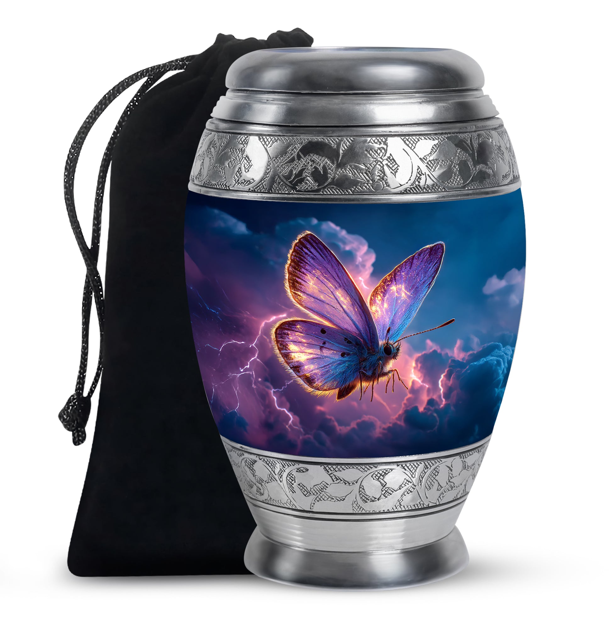 Indigo Butterfly Cremation Urn back view with polished surface - regal butterfly design with crown-inspired accents - full-size 10 inch 200 cubic inch adult cremation urn