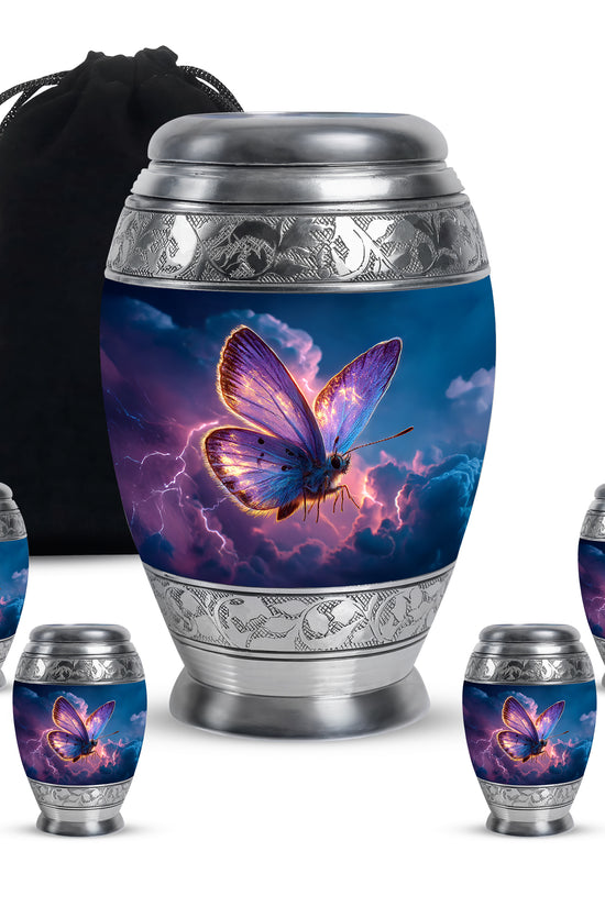 Bright Blue Butterfly Cremation Urn detail view - majestic butterfly pattern with filigree border - memorial set with one large and four small urns