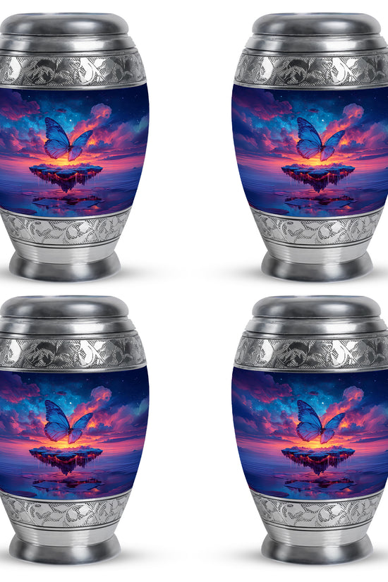Navy Blue Butterfly Cremation Urn urn with complimentary velvet bag - ornate monarch-style butterfly relief on brushed aluminum - 10 inch aluminum urn for cremated remains