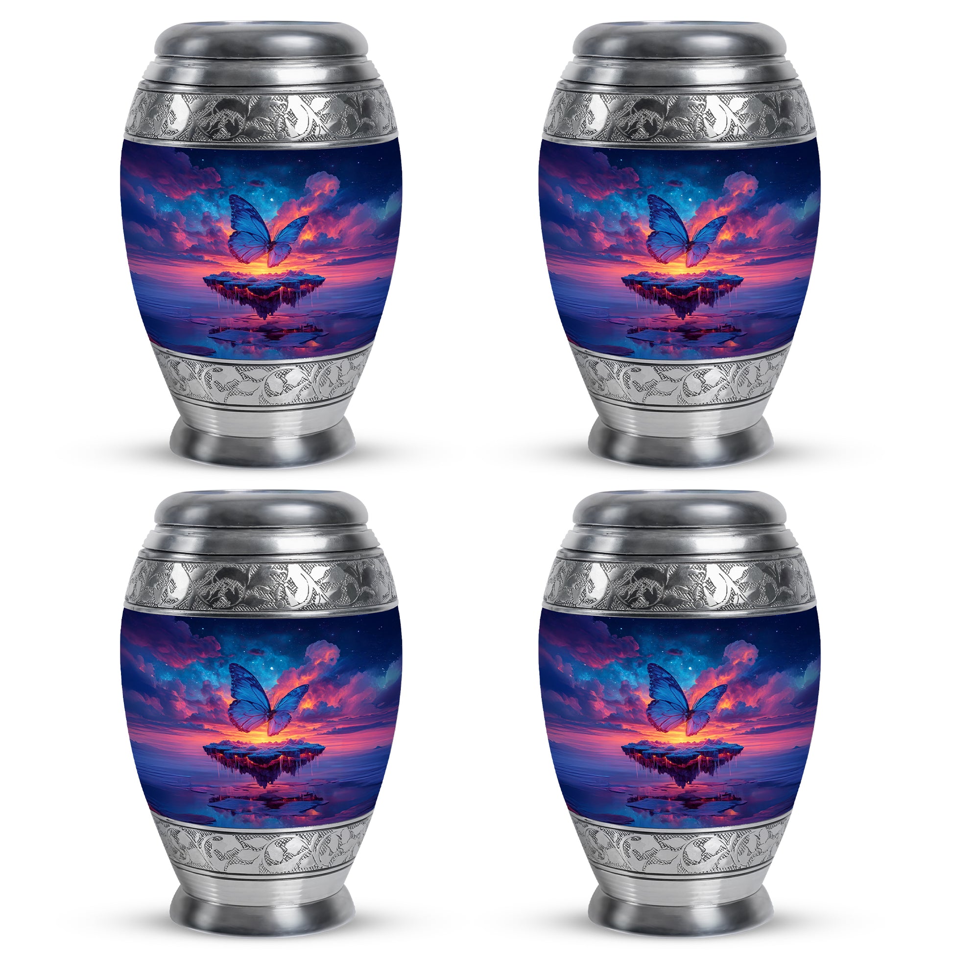 Navy Blue Butterfly Cremation Urn urn with complimentary velvet bag - ornate monarch-style butterfly relief on brushed aluminum - 10 inch aluminum urn for cremated remains