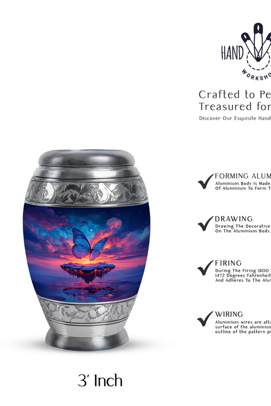 Bright Blue Butterfly Cremation Urn lifestyle display on memorial shelf - royal butterfly engraving with decorative scrollwork - mini keepsake memorial for portion of cremation ashes