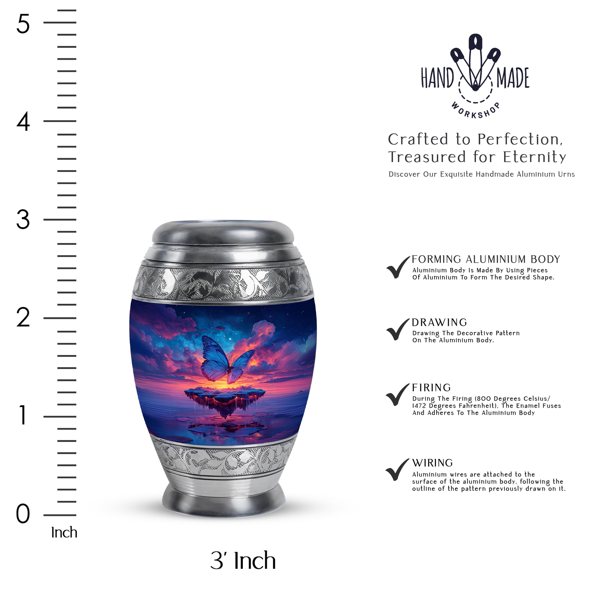 Bright Blue Butterfly Cremation Urn lifestyle display on memorial shelf - royal butterfly engraving with decorative scrollwork - mini keepsake memorial for portion of cremation ashes