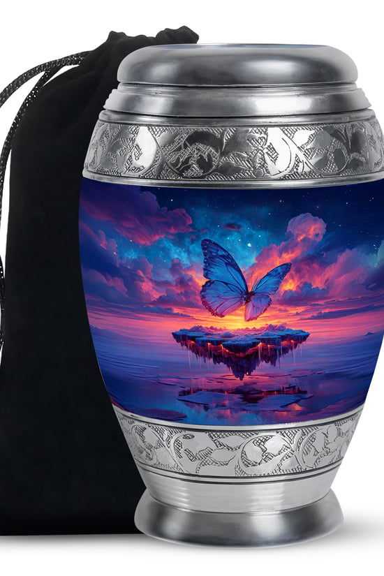 Slate Blue Butterfly Cremation Urn back view with polished surface - regal butterfly design with crown-inspired accents - full-size 10 inch 200 cubic inch adult cremation urn