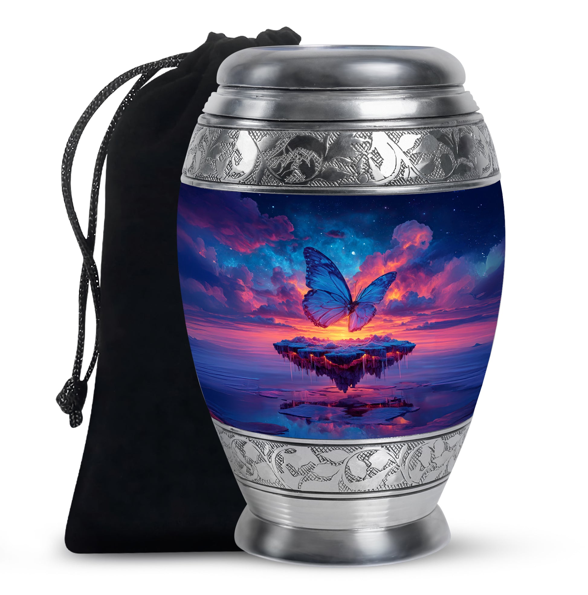 Slate Blue Butterfly Cremation Urn back view with polished surface - regal butterfly design with crown-inspired accents - full-size 10 inch 200 cubic inch adult cremation urn