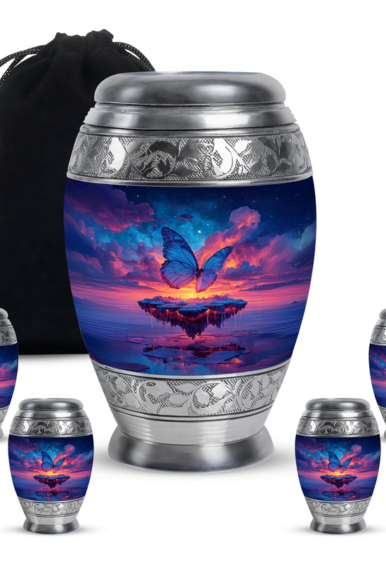 Calming Blue Butterfly Cremation Urn detail view - majestic butterfly pattern with filigree border - memorial set with one large and four small urns