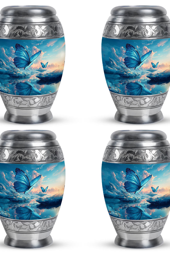 Navy Blue Butterfly Cremation Urn urn with complimentary velvet bag - regal butterfly design with crown-inspired accents - 10 inch aluminum urn for cremated remains