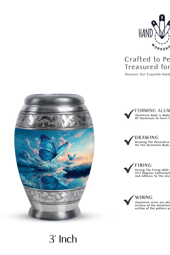 Azure Butterfly Cremation Urn lifestyle display on memorial shelf - regal butterfly design with crown-inspired accents - mini keepsake memorial for portion of cremation ashes