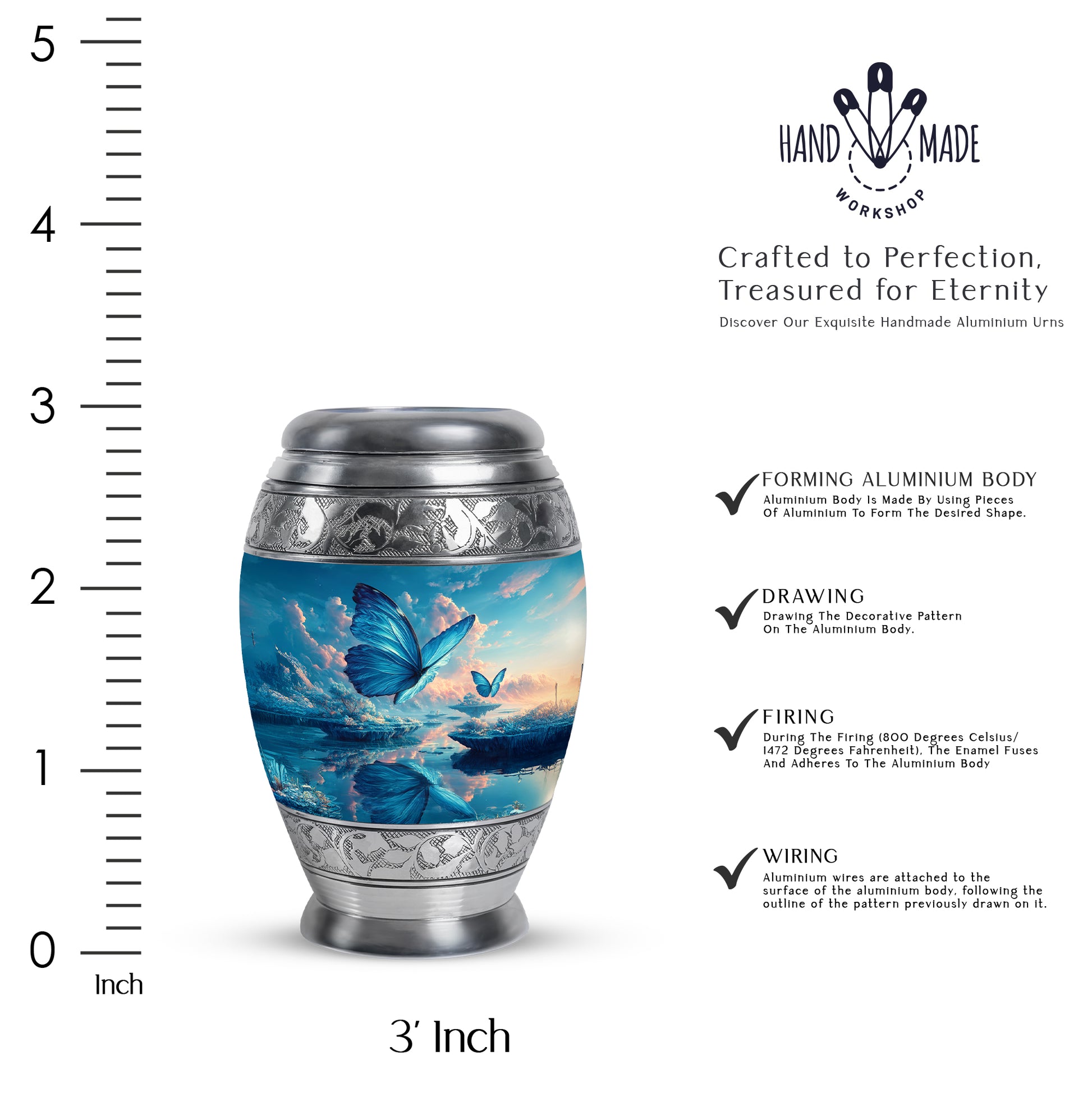 Azure Butterfly Cremation Urn lifestyle display on memorial shelf - regal butterfly design with crown-inspired accents - mini keepsake memorial for portion of cremation ashes