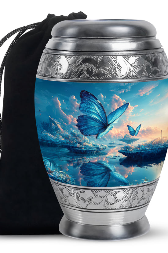 Icy Blue Butterfly Cremation Urn back view with polished surface - regal butterfly design with crown-inspired accents - full-size 10 inch 200 cubic inch adult cremation urn