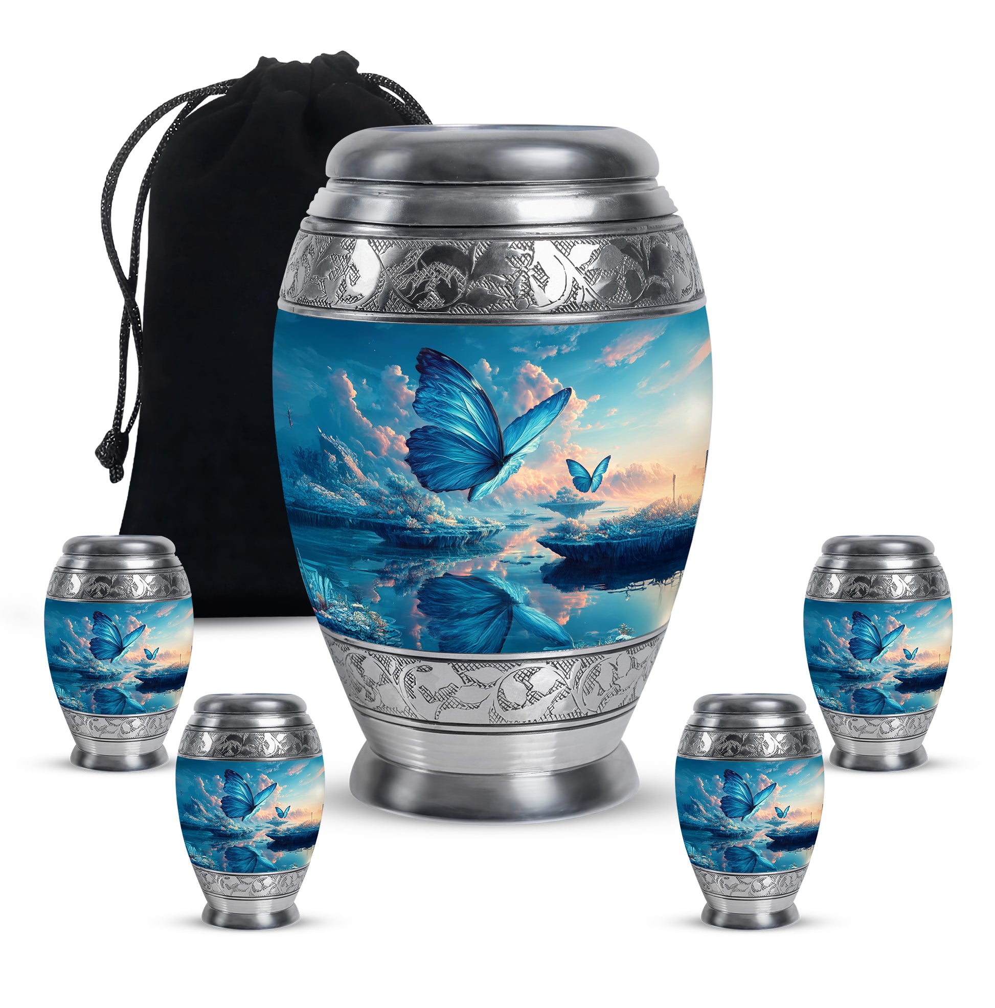Cobalt Blue Butterfly Cremation Urn detail view - majestic butterfly pattern with filigree border - memorial set with one large and four small urns