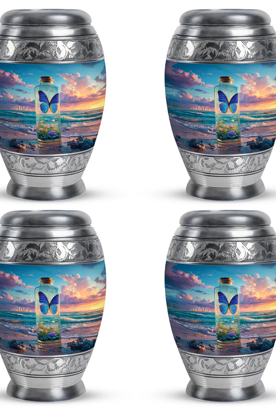 Vivid Blue Butterfly Cremation Urn urn with complimentary velvet bag - majestic butterfly pattern with filigree border - 10 inch aluminum urn for cremated remains