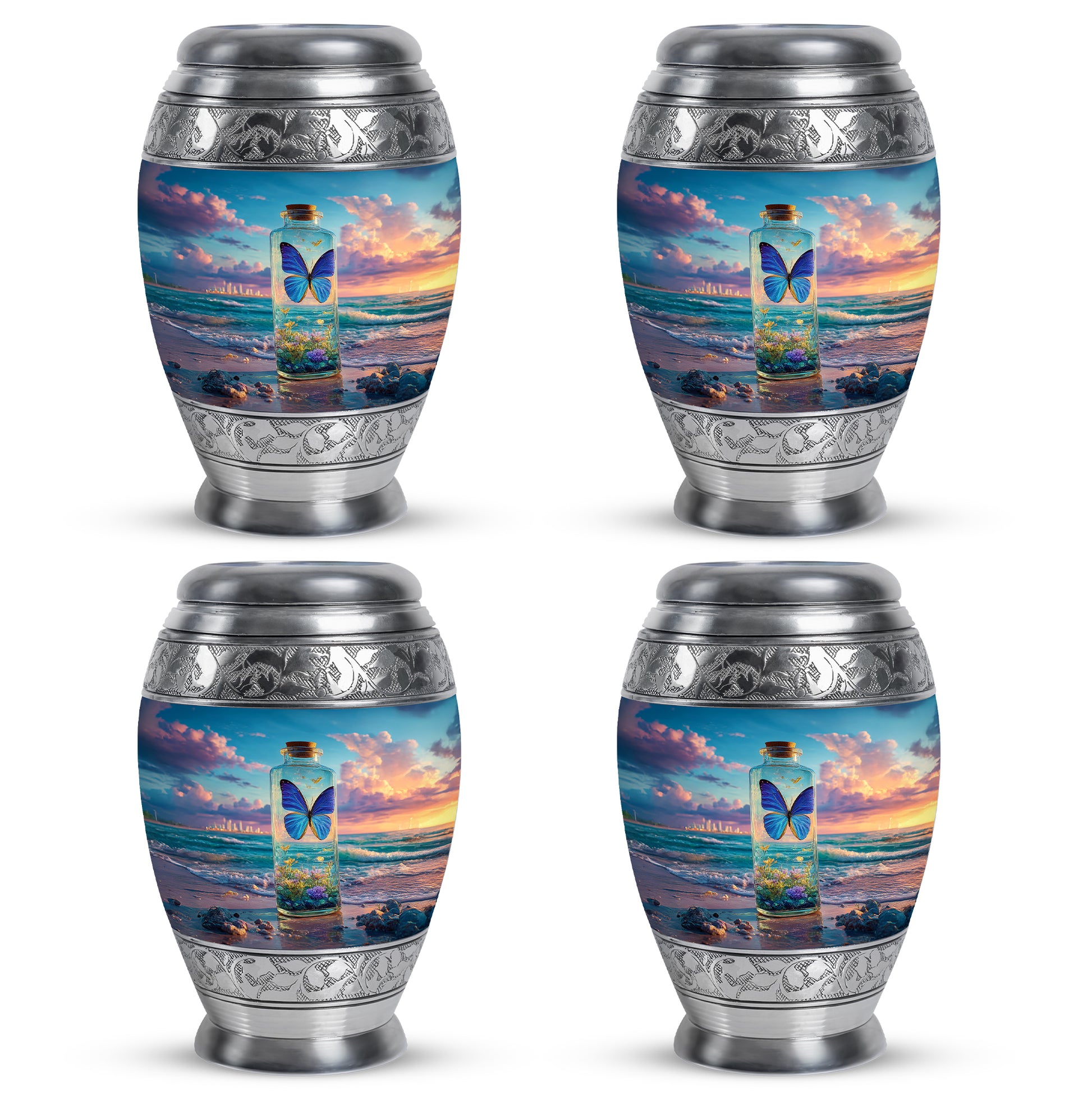 Vivid Blue Butterfly Cremation Urn urn with complimentary velvet bag - majestic butterfly pattern with filigree border - 10 inch aluminum urn for cremated remains