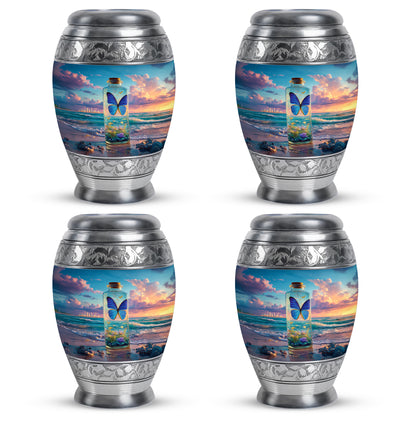 Vivid Blue Butterfly Cremation Urn urn with complimentary velvet bag - majestic butterfly pattern with filigree border - 10 inch aluminum urn for cremated remains