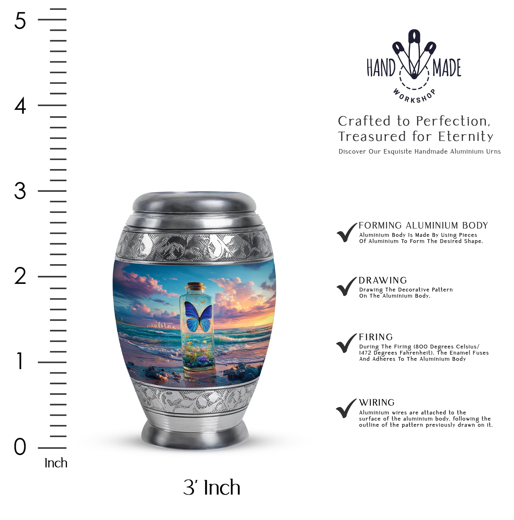 Soft Blue Butterfly Cremation Urn lifestyle display on memorial shelf - majestic butterfly pattern with filigree border - mini keepsake memorial for portion of cremation ashes